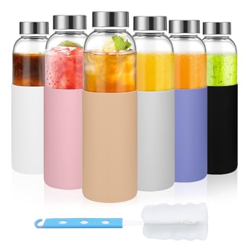Luxfuel 18 oz Clear Glass Juice Bottles with Lids and Silicone Sleeve, Reusable Glass Water Bottles with Stainless Steel Cap for Juicing, Refrigerator,100% Leak Proof, BPA Free, Set of 6 - Image 1