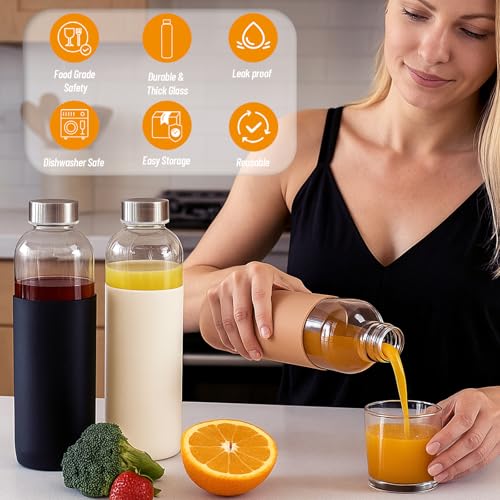 Luxfuel 18 oz Clear Glass Juice Bottles with Lids and Silicone Sleeve, Reusable Glass Water Bottles with Stainless Steel Cap for Juicing, Refrigerator,100% Leak Proof, BPA Free, Set of 6 - Image 3