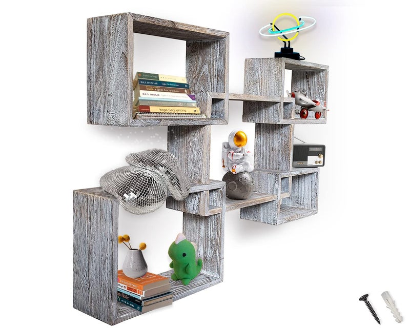 رفوف عائمة مربعة الشكل مثبتة على الحائط مجموعة من 5 رفوف مربعة للحمام وغرفة النوم وغرفة المعيشة المزيد من البراغي والمرابط متضمنة ديكور حائط للمنزل أبيض متشقق