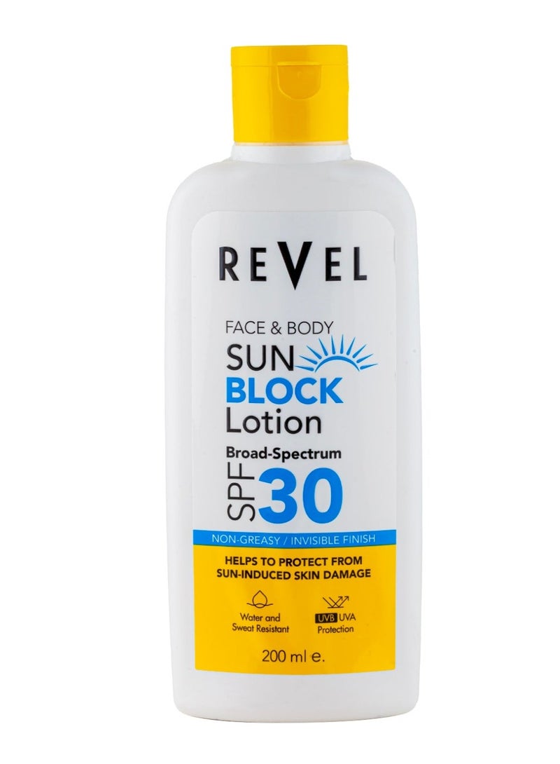 Revel Sun Block Lotion SPF 30 Helps Prevent Sun Induced Skin Damage UVA UVB Protection Non Greasy Sunscreen For Unisex 200ml - Image 1