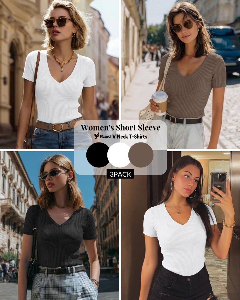 Ficerd 3 Pack Women's Short Sleeve Cotton T-Shirts V Neck Ribbed Slim Fit Tops Ladies' Casual Summer Basic Tee(Black, White, Mocha Brown,Medium) - Image 2