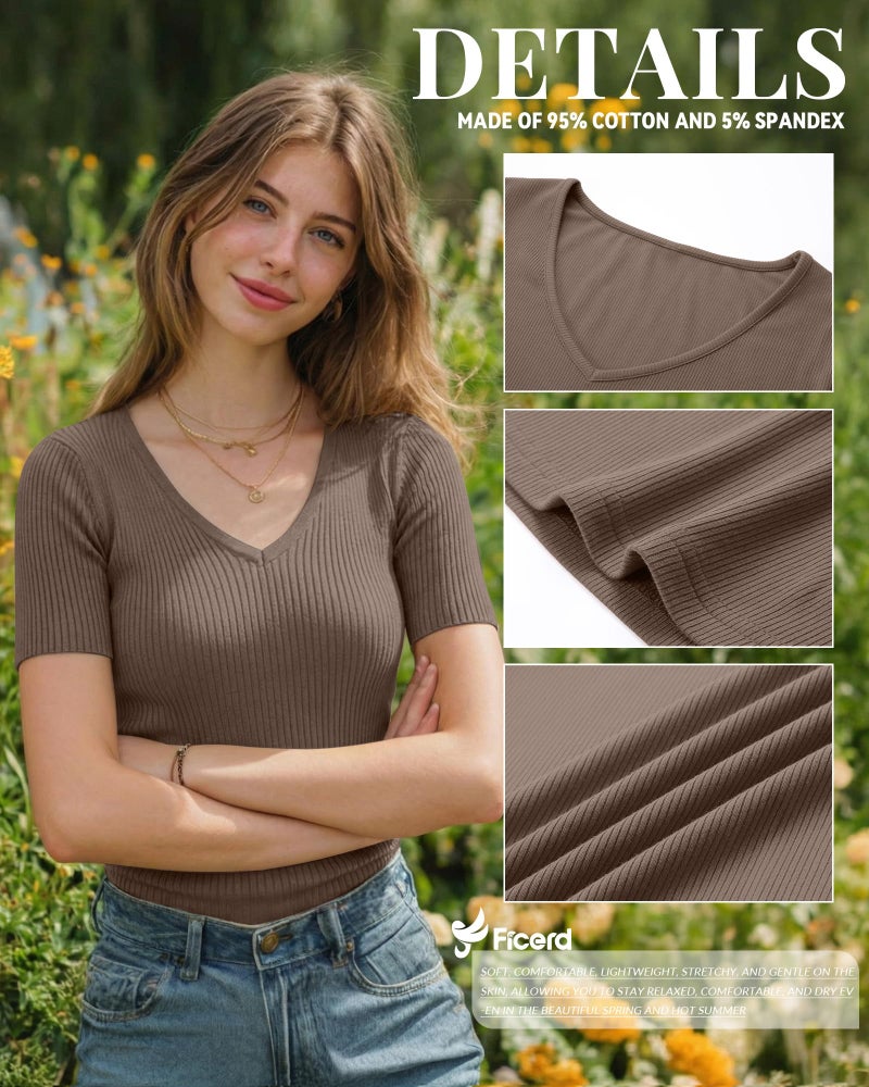 Ficerd 3 Pack Women's Short Sleeve Cotton T-Shirts V Neck Ribbed Slim Fit Tops Ladies' Casual Summer Basic Tee(Black, White, Mocha Brown,Medium) - Image 5