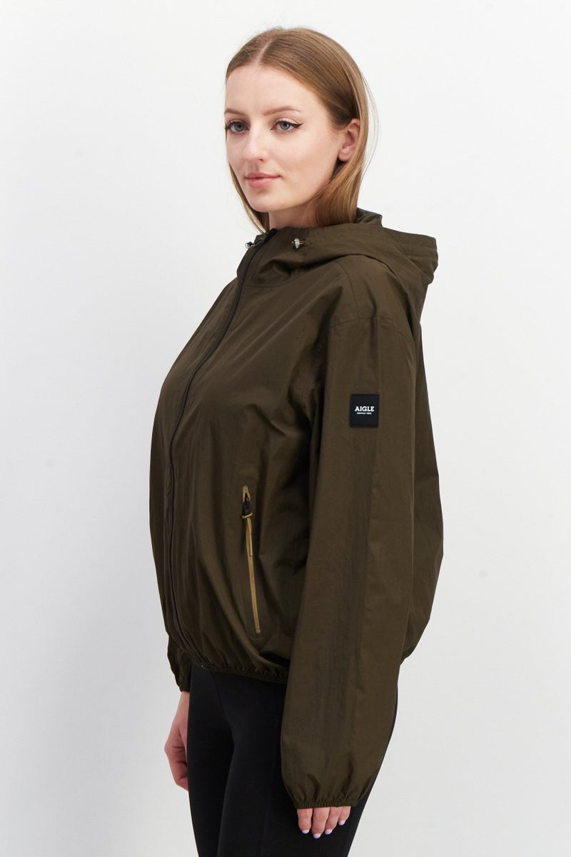 Aigle Women Brand Logo Hooded Windbreaker Jacket, Khaki - Image 3