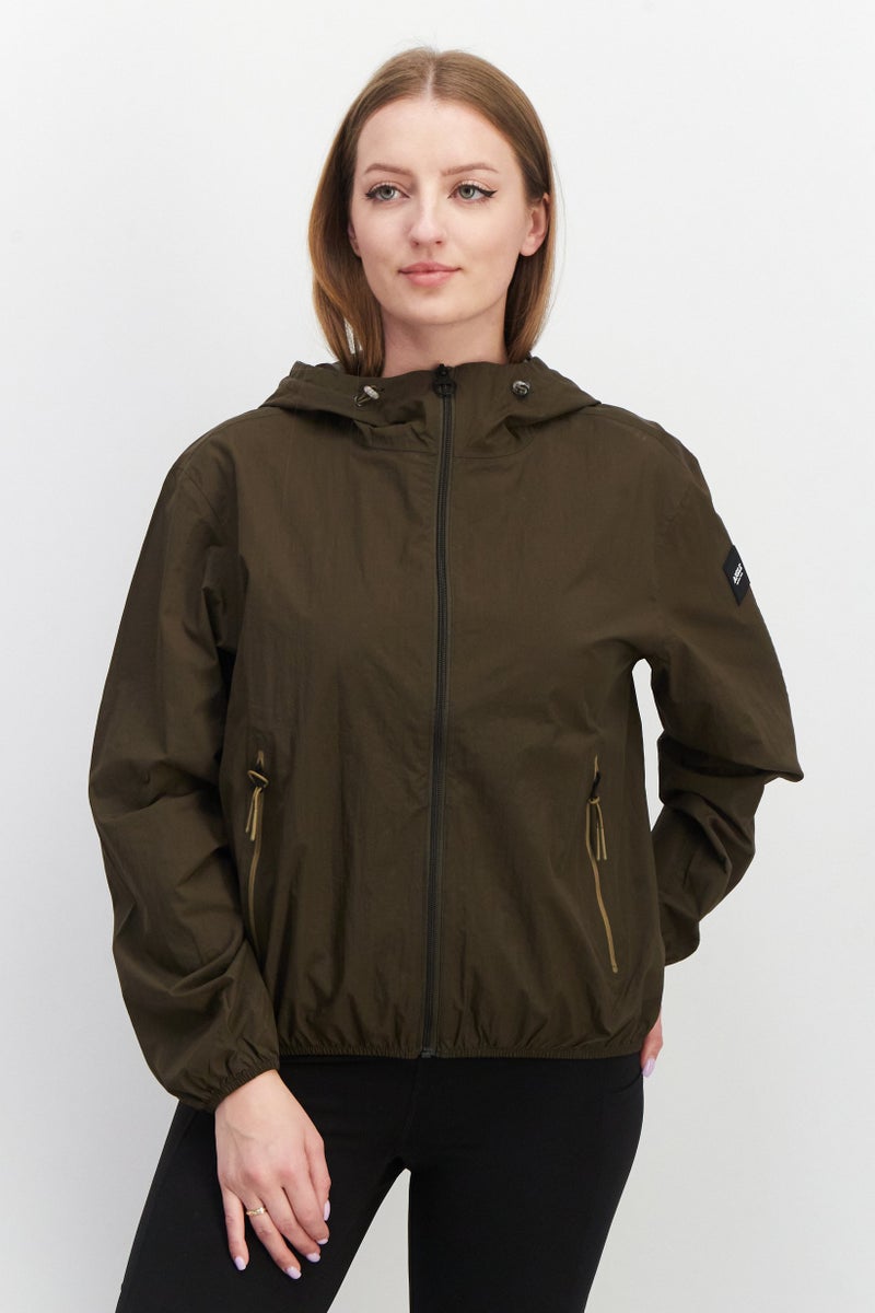 Aigle Women Brand Logo Hooded Windbreaker Jacket, Khaki - Image 1