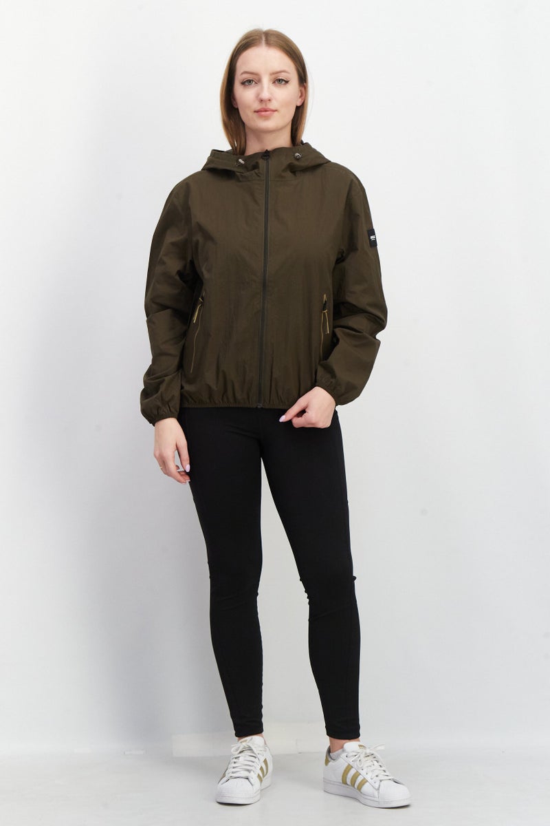 Aigle Women Brand Logo Hooded Windbreaker Jacket, Khaki - Image 2