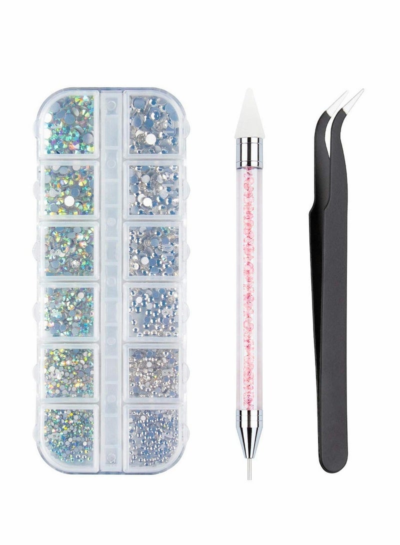 Captaintech Crystal AB Nail Art Rhinestones Decorations Nail Stones for Nail Art Supplies and Clear Crystal Rhinestones with Pick Up Tweezer and Rhinestone Picker Dotting Pen Keep Fresh Never Darken - Image 1