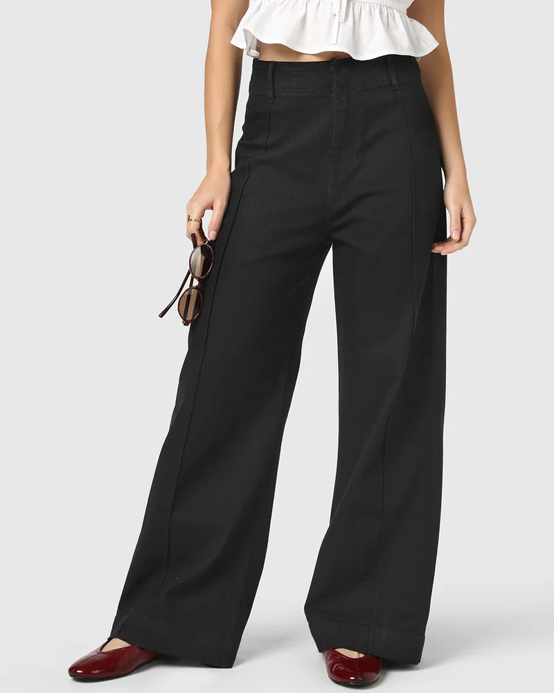بيواكوف Women's Jet Black Wide Leg Jeans