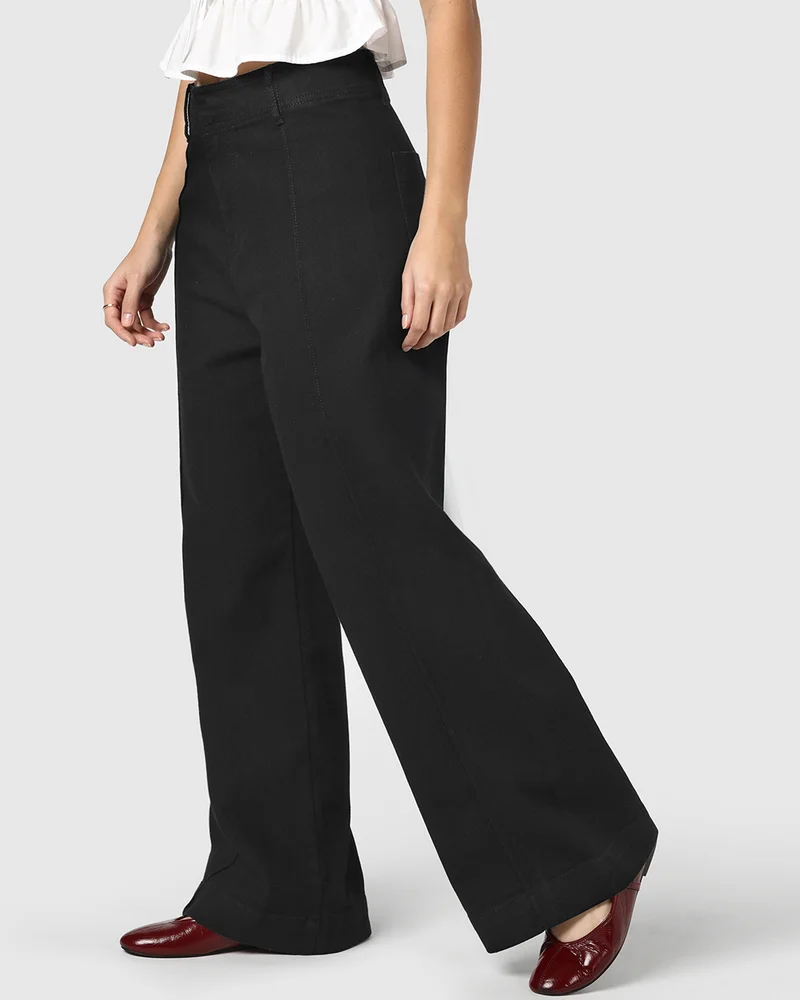 بيواكوف Women's Jet Black Wide Leg Jeans