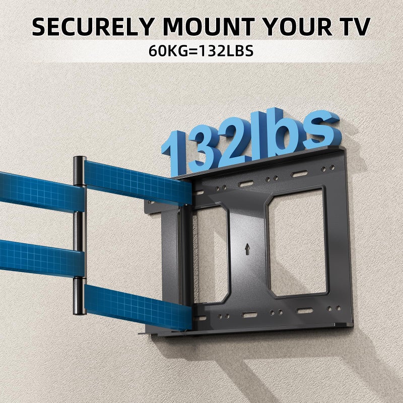 beishi Long Arm TV Wall Mount with 180Â°Swivel and Tilt +5/-20Â° Level Adjustment, TV Bracket Screen with Rotates 90Â° for TVs 37-75 Inchesï¼ŒFits 8"-16" Wood Studsï¼ŒHold up 132LBS,Max VESA 600x400mm - Image 5