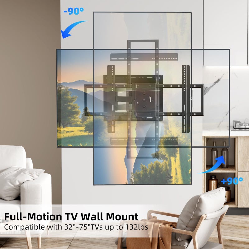 beishi Long Arm TV Wall Mount with 180Â°Swivel and Tilt +5/-20Â° Level Adjustment, TV Bracket Screen with Rotates 90Â° for TVs 37-75 Inchesï¼ŒFits 8"-16" Wood Studsï¼ŒHold up 132LBS,Max VESA 600x400mm - Image 2