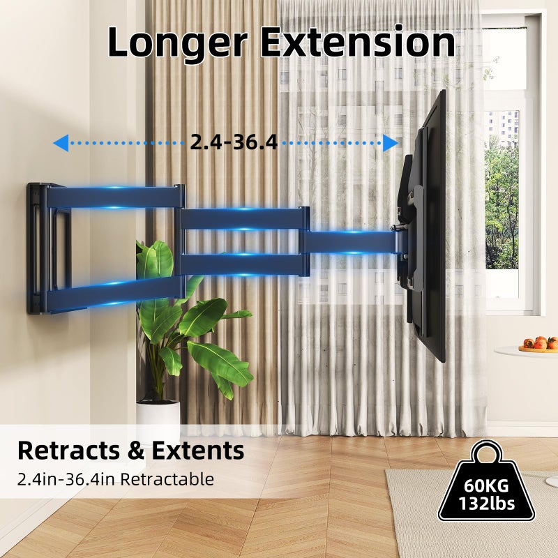 beishi Long Arm TV Wall Mount with 180Â°Swivel and Tilt +5/-20Â° Level Adjustment, TV Bracket Screen with Rotates 90Â° for TVs 37-75 Inchesï¼ŒFits 8"-16" Wood Studsï¼ŒHold up 132LBS,Max VESA 600x400mm - Image 4
