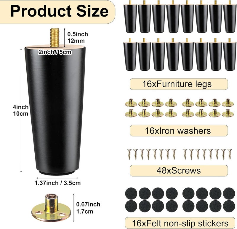 Maitys 4 Inch Round Solid Furniture Legs Furniture Wooden Replacement Chair Feet Dresser Sofa Couch Legs Table Cabinet Footstool DIY Projects for Home(Black,16 Pcs) - Image 2