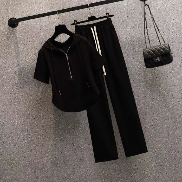 Casual Zipper Short Hooded Sweatshirt Set Womens Summer Clothing Fried Street Age-reducing Fashionable Western Style Wide-leg Pants Two-piece Set Black suit - Image 1