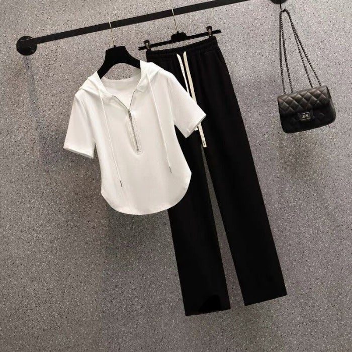 Casual Zipper Short Hooded Sweatshirt Set Womens Summer Clothing Fried Street Age-reducing Fashionable Western Style Wide-leg Pants Two-piece Set Black suit - Image 2