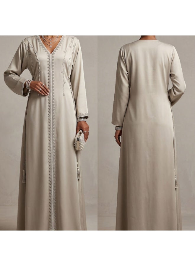 Premium Embroidered Golden Moroccan Kaftan Jalabiya with Tassel Detail - Image 1