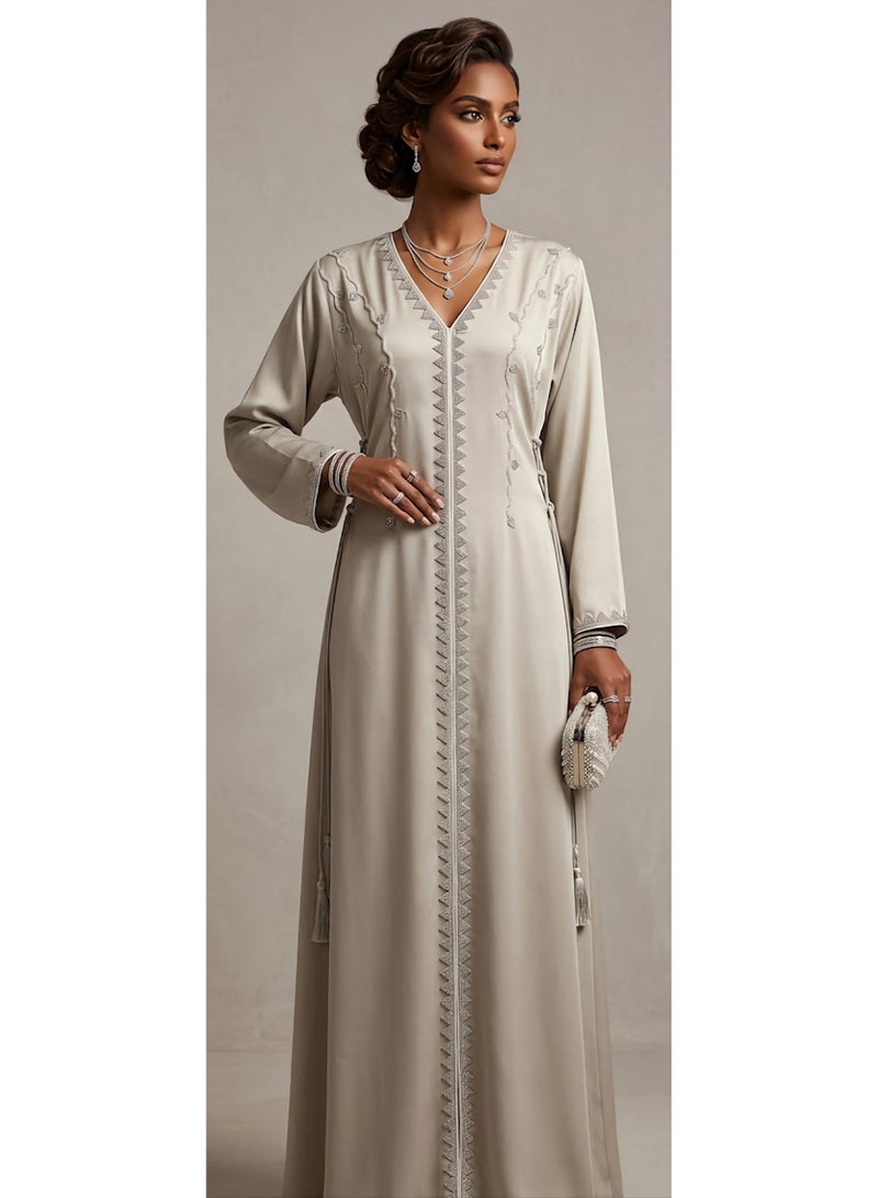 Premium Embroidered Golden Moroccan Kaftan Jalabiya with Tassel Detail - Image 3