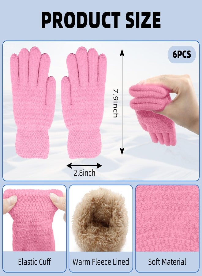 Adboros 6 Pairs Winter Gloves Kids Stretchy Warm Knitted Gloves Wool Fleece Lined Mittens for for Girls Boys Cold Weather 5-10 Years (Multicolor) - Image 2