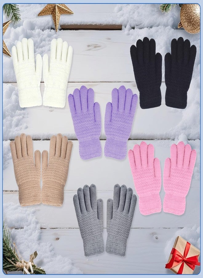 Adboros 6 Pairs Winter Gloves Kids Stretchy Warm Knitted Gloves Wool Fleece Lined Mittens for for Girls Boys Cold Weather 5-10 Years (Multicolor) - Image 3