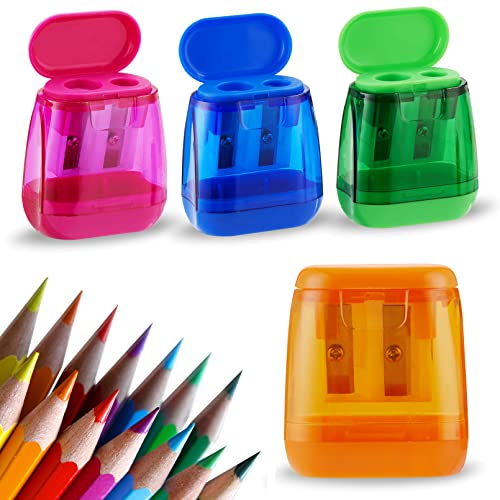 Sonuimy Pencil Sharpeners, 4 Pcs Pencil Sharpeners Manual,Dual Holes Compact Colored Handheld Pencil Sharpener for Kids with Lid Adults Students School Class Home Office (Covered) - Image 1