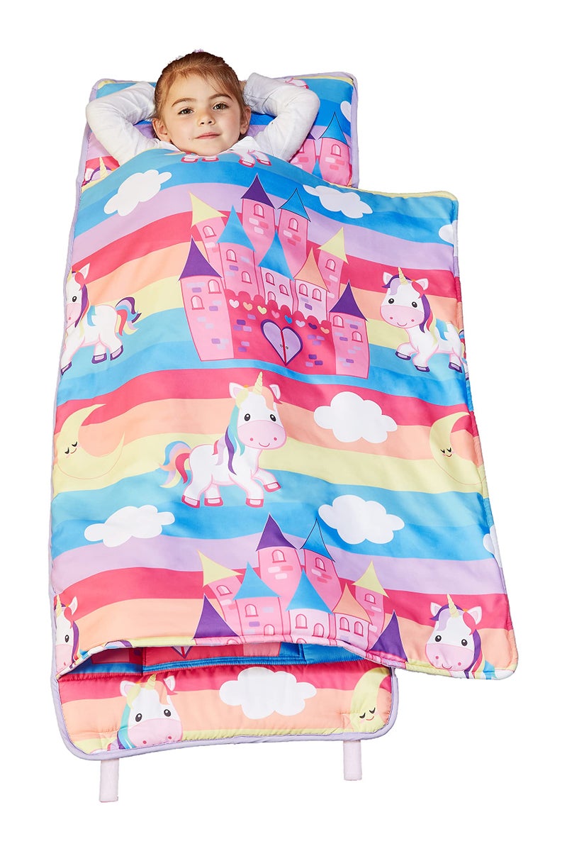 EVERYDAY KIDS EVERYDAY KIDS Nap Mat with Removable Pillow  Unicorn Dreams  Carry Handle with Straps Closure Rollup Design Soft Microfiber for Preschool Daycare Travel Sleeping Bag  Ages 36 Years 