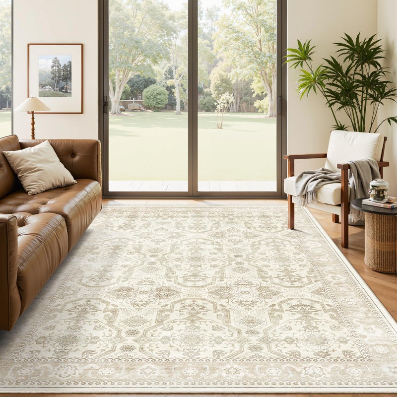 Soalmost Area Rug 6x9, Washable Rugs, Stain Resistant Gray Area Rugs for Living Room Bedroom Dining Room, Vintage Farmhouse Rug Beige - Image 1