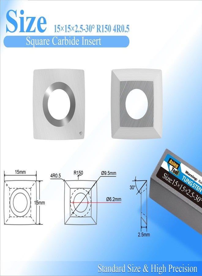 أدوات Asieg مقاس 15 × 15 × 2.5 مم R150-4R0.5 مربعة من كربيد التنجستن، سكاكين إدخال قاطعة بأربع حواف ونصف قطر وجه 6 بوصات، مناسبة لرأس المسوي الحلزوني لأعمال النجارة ومخرطة الخشب CNC أو DIY، أدوات خشونة، 10 قطع - Image 2