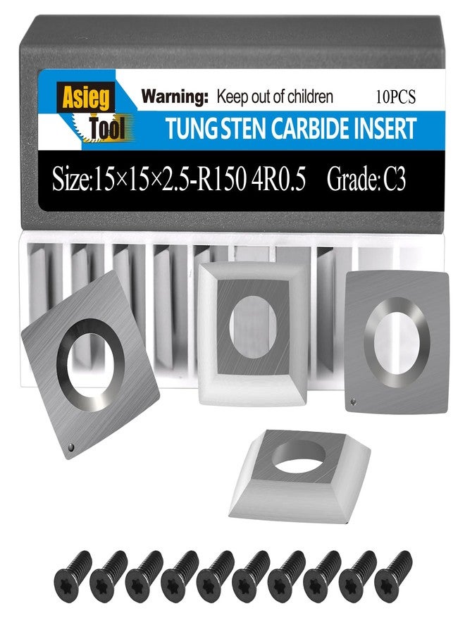 أدوات Asieg مقاس 15 × 15 × 2.5 مم R150-4R0.5 مربعة من كربيد التنجستن، سكاكين إدخال قاطعة بأربع حواف ونصف قطر وجه 6 بوصات، مناسبة لرأس المسوي الحلزوني لأعمال النجارة ومخرطة الخشب CNC أو DIY، أدوات خشونة، 10 قطع - Image 1