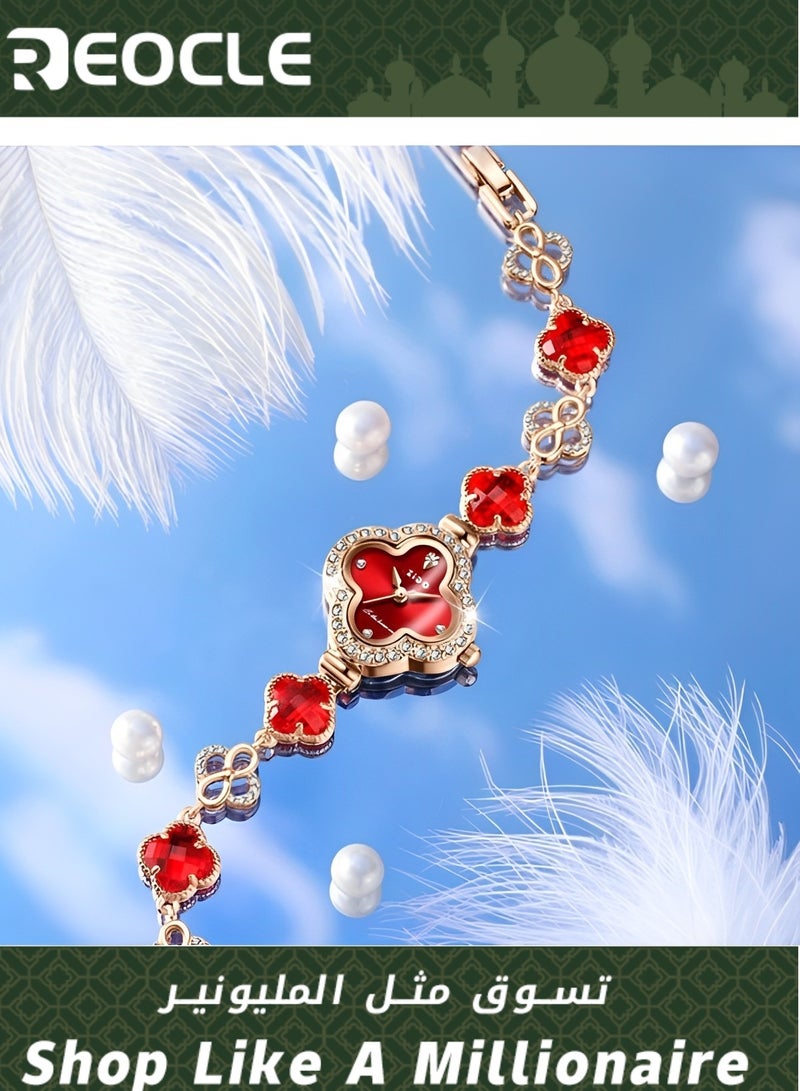 ريوكل ساعات يد نسائية بسوار من الكوارتز مع قرص من الألماس بأربع أوراق ومقاومة للماء، هدايا رائعة للصديقة - Image 1