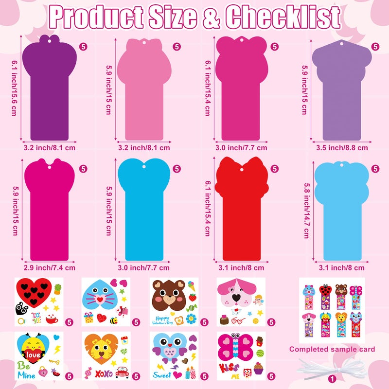 ANGOLIO Valentine's Day Bookmarks Craft Kits - 40Sets Valentine's Day Animals Craft for Kids DIY Make Your Own Heart Animal Set Self-Adhesive Face Stickers for Kids Classroom Gifts Party Supplies - Image 2