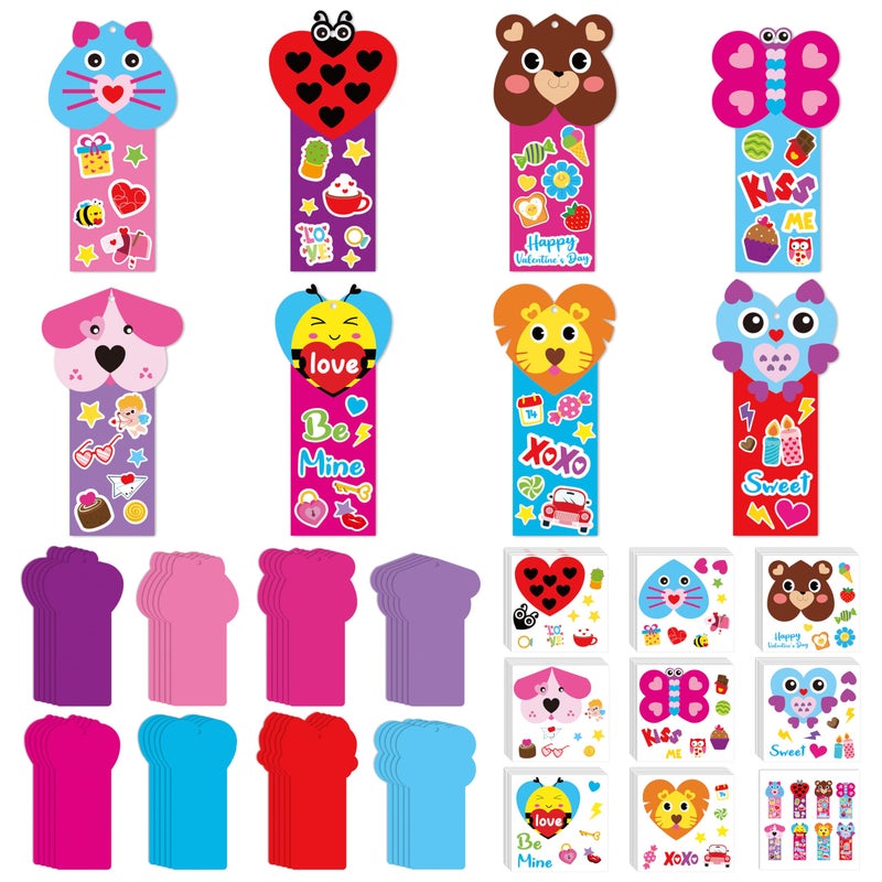 ANGOLIO Valentine's Day Bookmarks Craft Kits - 40Sets Valentine's Day Animals Craft for Kids DIY Make Your Own Heart Animal Set Self-Adhesive Face Stickers for Kids Classroom Gifts Party Supplies - Image 1