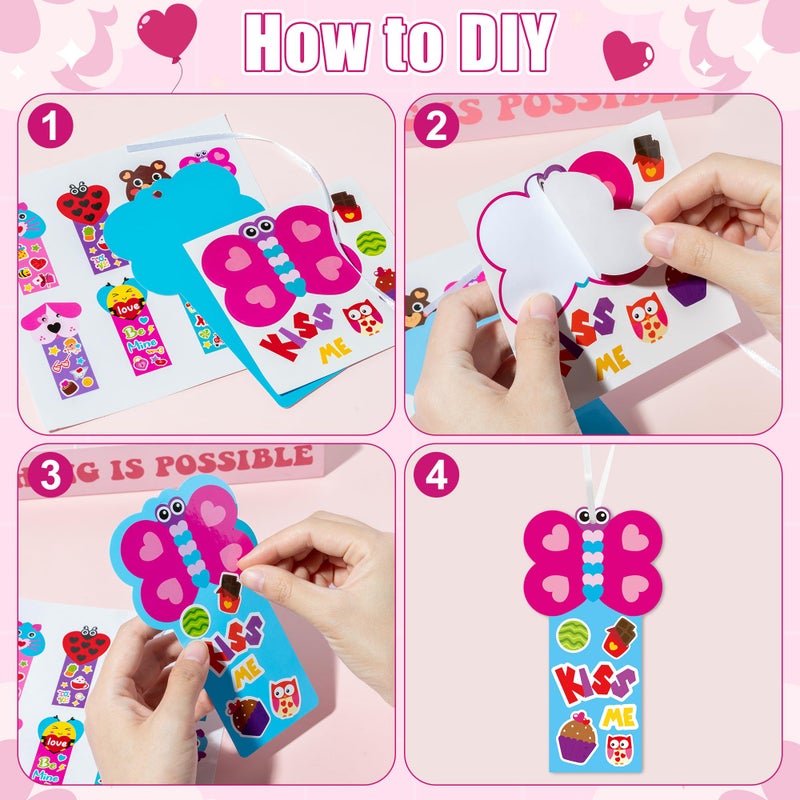 ANGOLIO Valentine's Day Bookmarks Craft Kits - 40Sets Valentine's Day Animals Craft for Kids DIY Make Your Own Heart Animal Set Self-Adhesive Face Stickers for Kids Classroom Gifts Party Supplies - Image 3