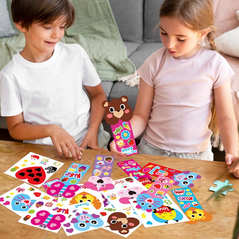ANGOLIO Valentine's Day Bookmarks Craft Kits - 40Sets Valentine's Day Animals Craft for Kids DIY Make Your Own Heart Animal Set Self-Adhesive Face Stickers for Kids Classroom Gifts Party Supplies - Image 5