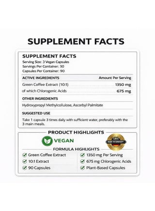 VITASIGN Green Coffee+ 450mg Green Coffee Extract, Chlorogenic Acids, 90 Vegan Capsules, Made in Germany - view 3