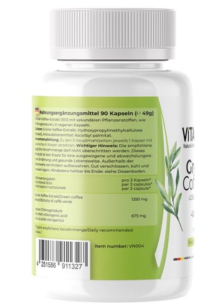 VITASIGN Green Coffee+ 450mg Green Coffee Extract, Chlorogenic Acids, 90 Vegan Capsules, Made in Germany - view 2