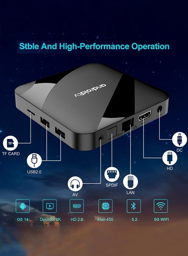تلفزيون صندوق تلفاز ذكي يعمل بنظام أندرويد 14.0، 4G/64G، 2.4G، 5G، واي فاي مزدوج، 6 قنوات، H.265، مشغل وسائط بدقة 8K UHD، أجهزة فك التشفير - Image 4