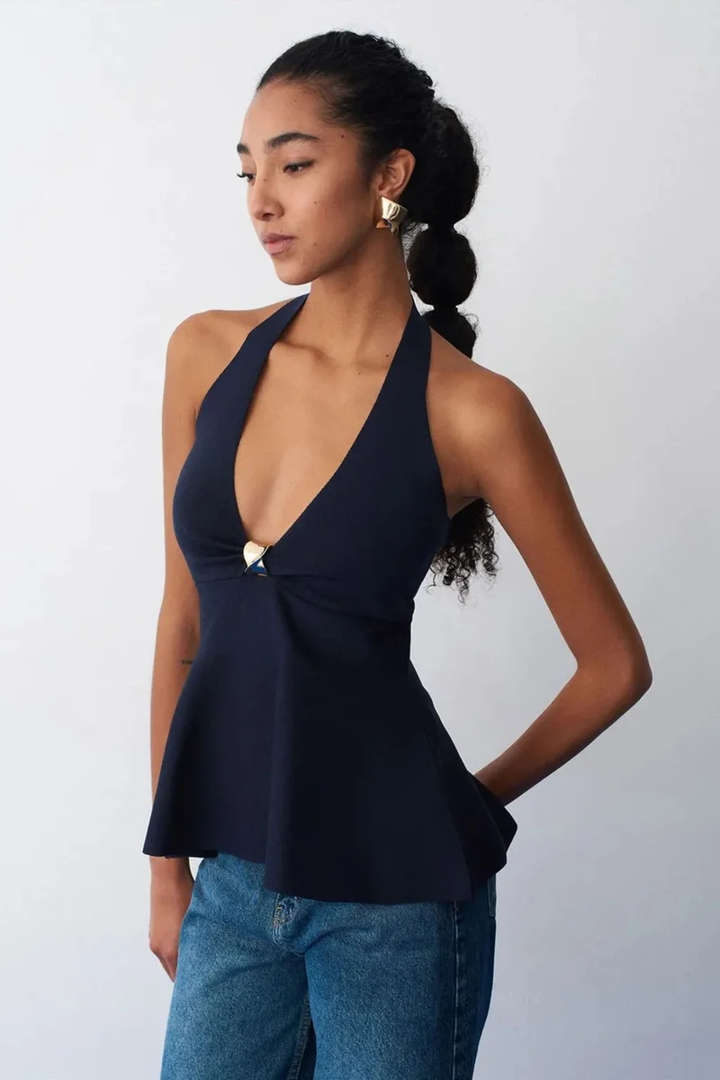 Dilvin Navy Blue DILVIN Seamless Halter Peplum Blouse for Women | Best Price UAE