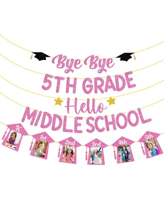 Oudain Graduation Decorations Class of 2025 Party Supplies, Bye Bye 5th Grade Hello Middle School Photo Banner, Glittery Grade Graduation Party Supplies for Boys Girls(Pink Glitter) - Image 1