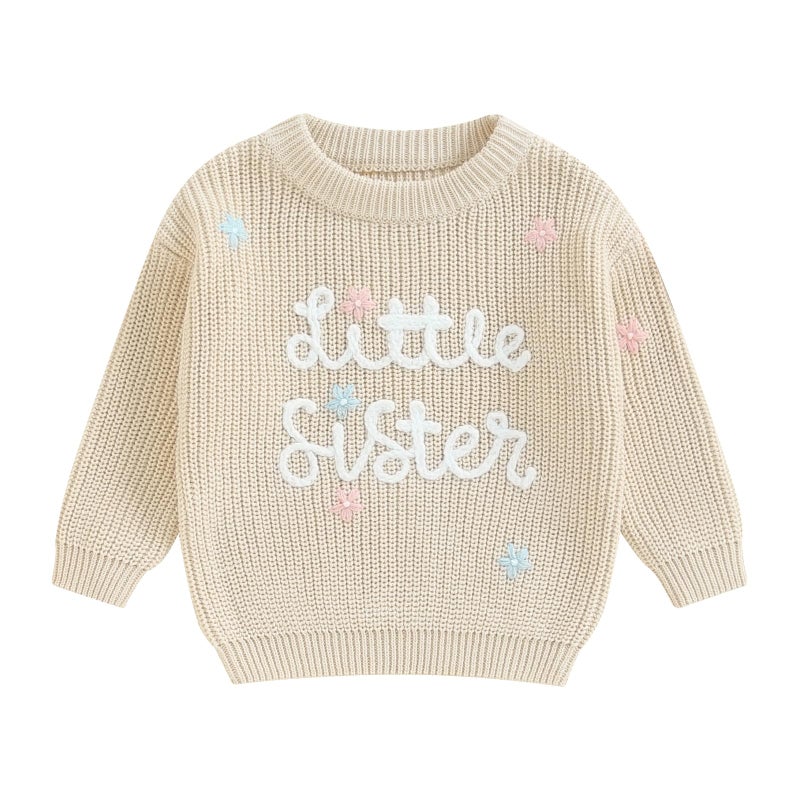 Yoawdats Toddler Baby Girl Boy Long Sleeve Knit Sweater Brothers Sisters Letter Embroidery Round Neck Pullover Fall Winter Tops (Little Sister Floral Beige, 0-3 Months) - Image 1