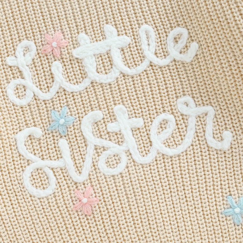 Yoawdats Toddler Baby Girl Boy Long Sleeve Knit Sweater Brothers Sisters Letter Embroidery Round Neck Pullover Fall Winter Tops (Little Sister Floral Beige, 0-3 Months) - Image 5