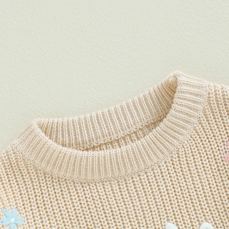 Yoawdats Toddler Baby Girl Boy Long Sleeve Knit Sweater Brothers Sisters Letter Embroidery Round Neck Pullover Fall Winter Tops (Little Sister Floral Beige, 0-3 Months) - Image 4
