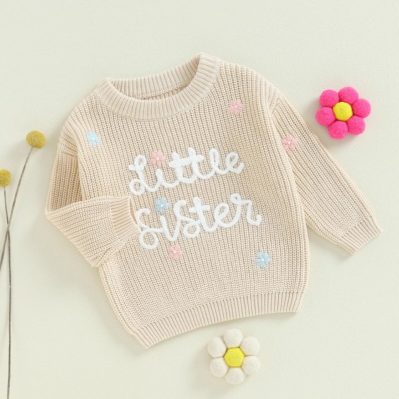 Yoawdats Toddler Baby Girl Boy Long Sleeve Knit Sweater Brothers Sisters Letter Embroidery Round Neck Pullover Fall Winter Tops (Little Sister Floral Beige, 0-3 Months) - Image 2