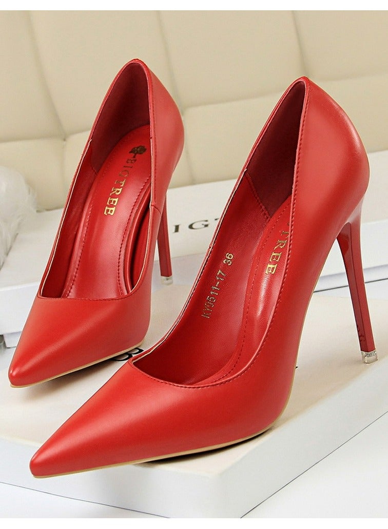 BIGTREE Women's Solid Color Elegant Stiletto Pumps 10.5CM Fashion Gorgeous Closed Pointed Toe Slip On Solid High Heels Red