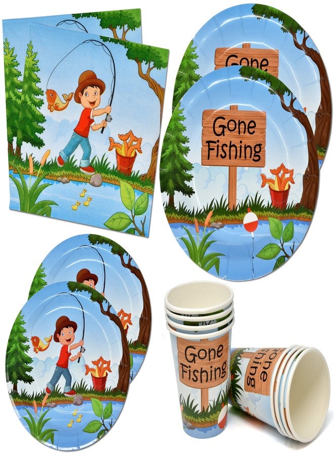 Gift Boutique 122 Pcs Gone Fishing Party Supplies Set Paper Plate Cup Napkin for Little Fisherman Camping Fish Birthday Disposable Dinnerware Serve 24 - Image 1
