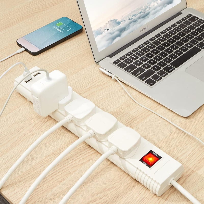Lawazim كابل تمديد 5-اتجاه مع مفتاح تشغيل/إيقاف ومنفذي USB - 5 متر - مقبس طاقة متعدد مع 5 مقابس بريطانية، ومنفذي USB، ومفتاح تشغيل/إيقاف واحد، وحماية من زيادة التيار، وقابس بريطاني - مثالي للاستخدام المنزلي والداخلي - Image 4