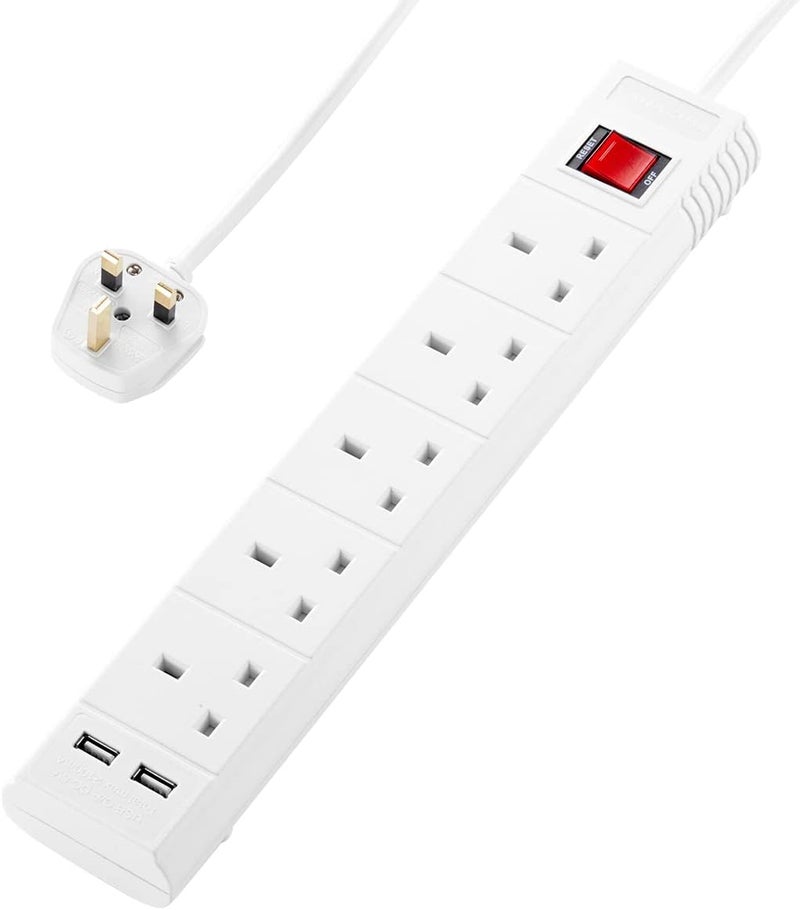 Lawazim كابل تمديد 5-اتجاه مع مفتاح تشغيل/إيقاف ومنفذي USB - 5 متر - مقبس طاقة متعدد مع 5 مقابس بريطانية، ومنفذي USB، ومفتاح تشغيل/إيقاف واحد، وحماية من زيادة التيار، وقابس بريطاني - مثالي للاستخدام المنزلي والداخلي - Image 1