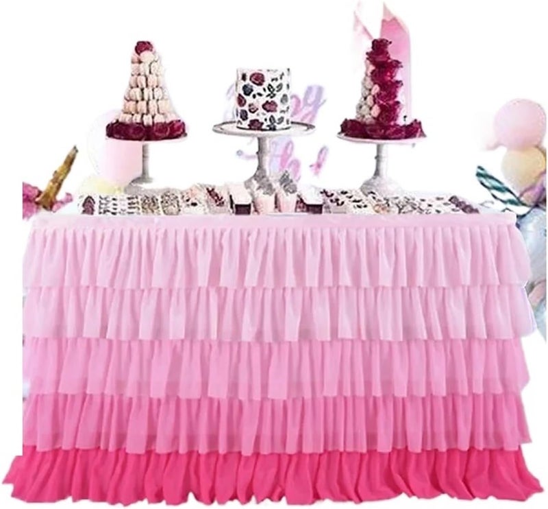 Table Skirt 5 Layers Table Skirt For Birthday Party, DIY Decoration Tulle For Party Table Sweet Birthday Tablecloth(Multi pink,275x77cm) - Image 1