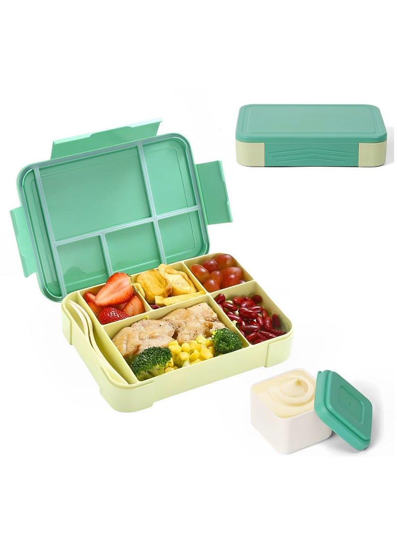 Perfin Bento Box, Lunch Box for Kids, Bento Lunch Box Kids Adults，With Fork Spoon,Food-Safe Leakproof 5 Compartments and 1 Salad Dressing Containers,1330 ML (Green)  - Image 1