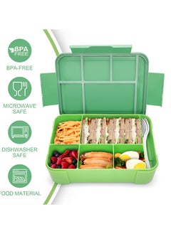 Perfin Bento Box, Lunch Box for Kids, Bento Lunch Box Kids Adults，With Fork Spoon,Food-Safe Leakproof 5 Compartments and 1 Salad Dressing Containers,1330 ML (Green)  - Image 2