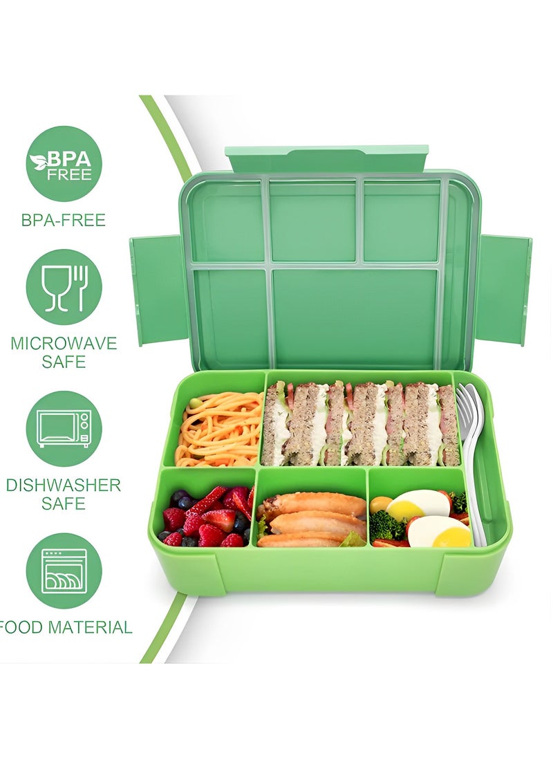 Perfin Bento Box, Lunch Box for Kids, Bento Lunch Box Kids Adults，With Fork Spoon,Food-Safe Leakproof 5 Compartments and 1 Salad Dressing Containers,1330 ML (Green)  - Image 2