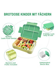 Perfin Bento Box, Lunch Box for Kids, Bento Lunch Box Kids Adults，With Fork Spoon,Food-Safe Leakproof 5 Compartments and 1 Salad Dressing Containers,1330 ML (Green)  - Image 5